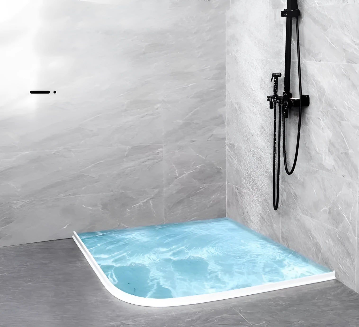 Flexible silicone bathroom water blocking strip in white, black, and grey colours showing 30mm width dimension