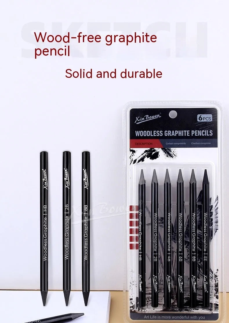 Set of six wood-free graphite full lead sketching pencils in grades HB, 2B, 4B, 6B, 8B, and EE.