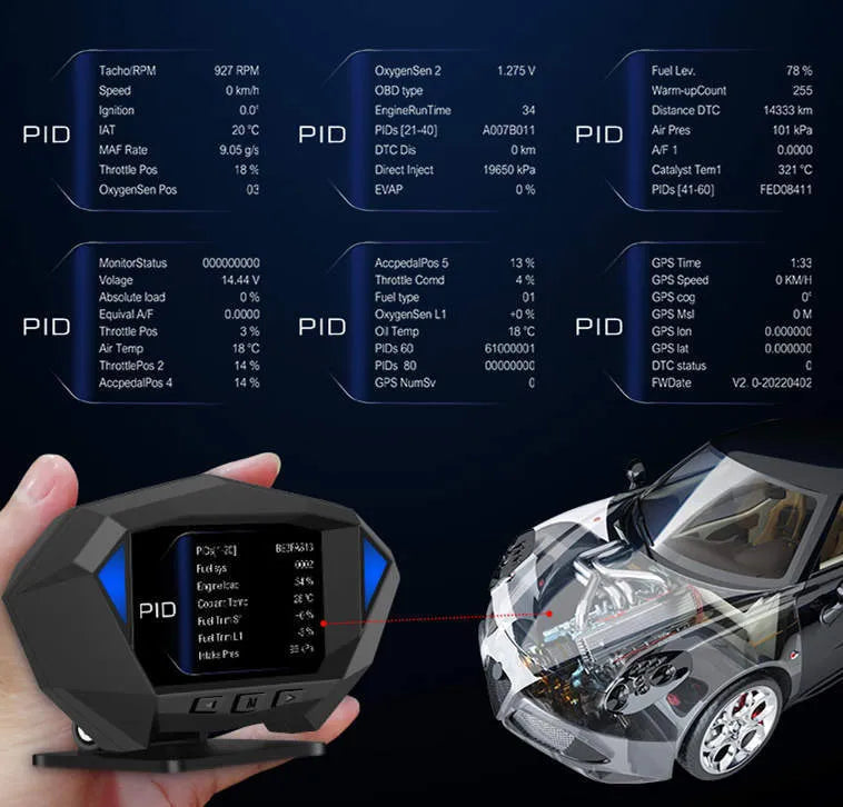 Black vehicle HUD head-up display unit with LCD screen, OBD cable, and anti-slip pad.