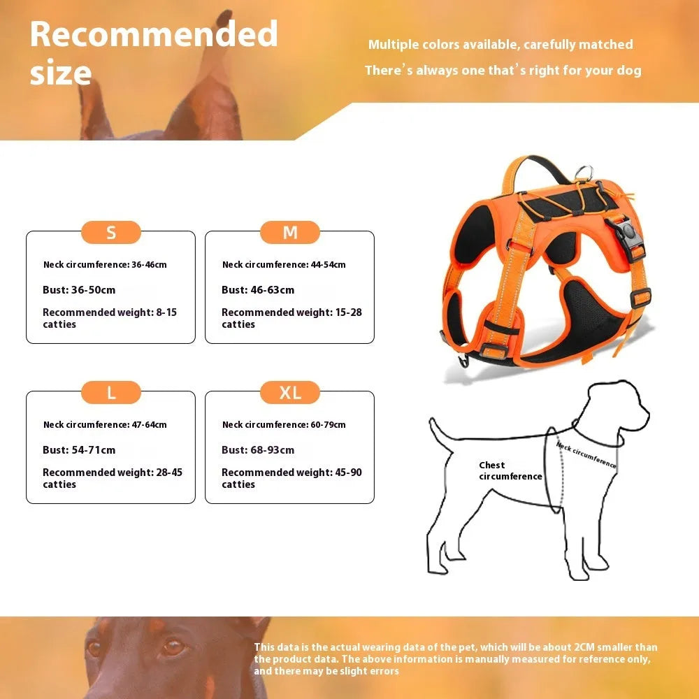 Orange reflective dog harness with an integrated black hand holding rope leash and explosion-proof breast strap.