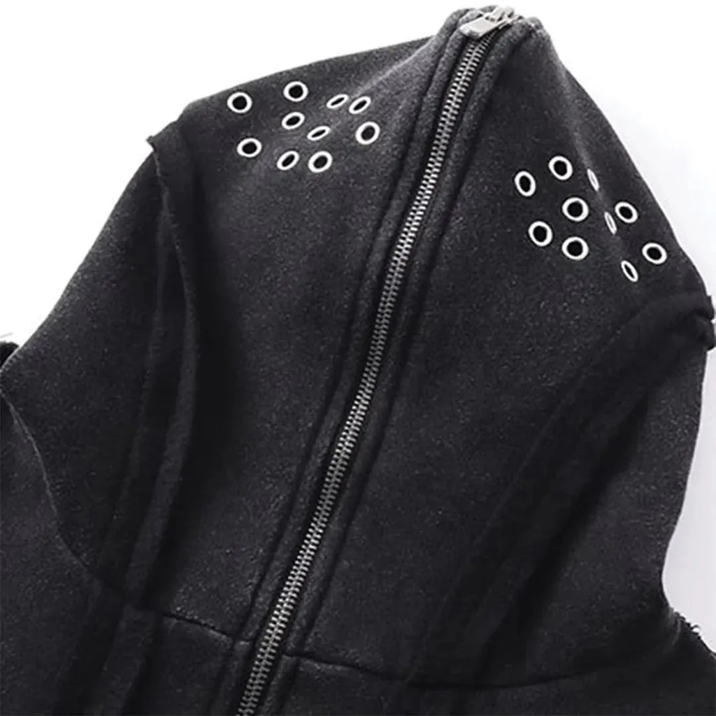 Black cotton padded cardigan coat with zip-up hood and loose retro styling
