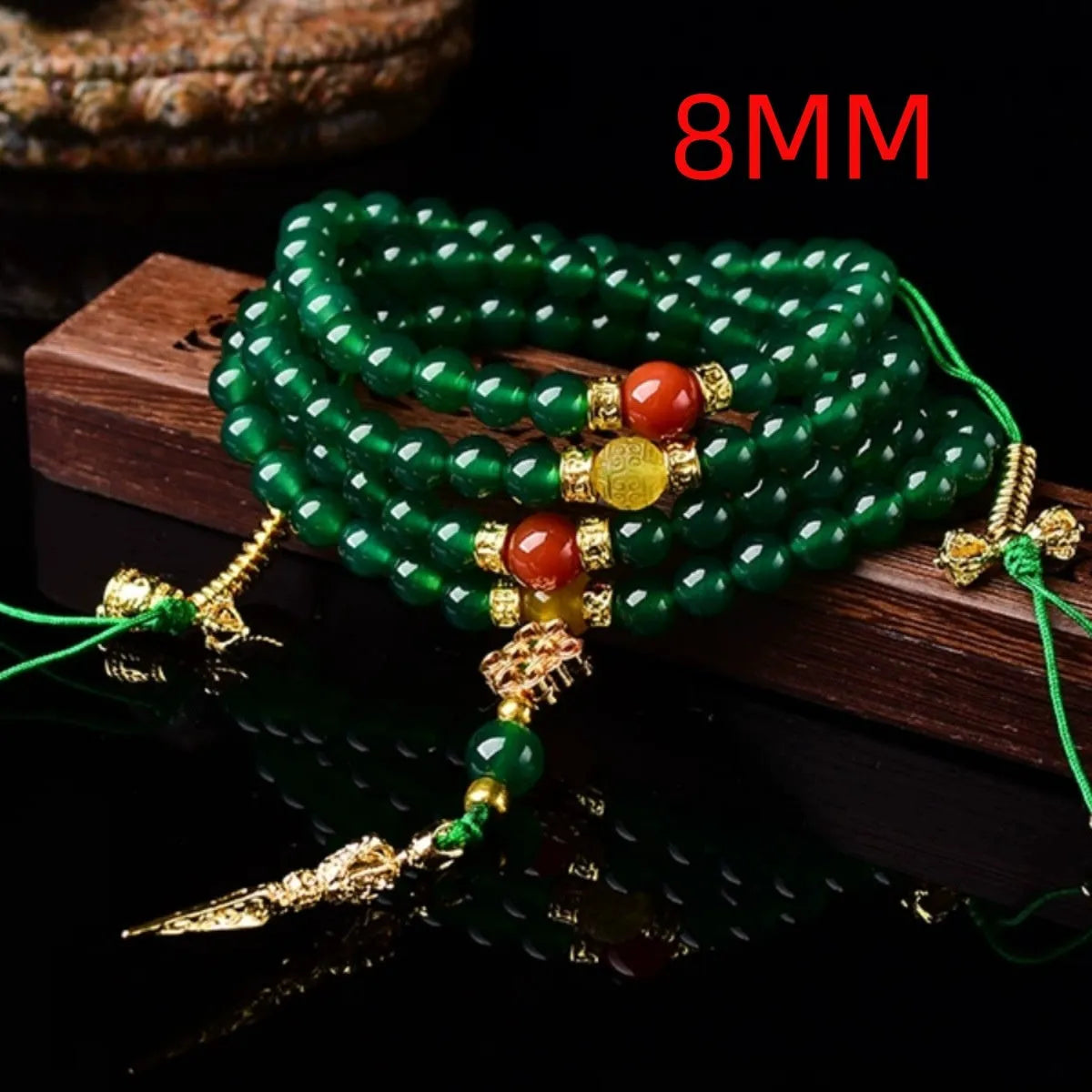 Handcrafted multi-circle green agate bracelet with natural stone beads on a wrist.