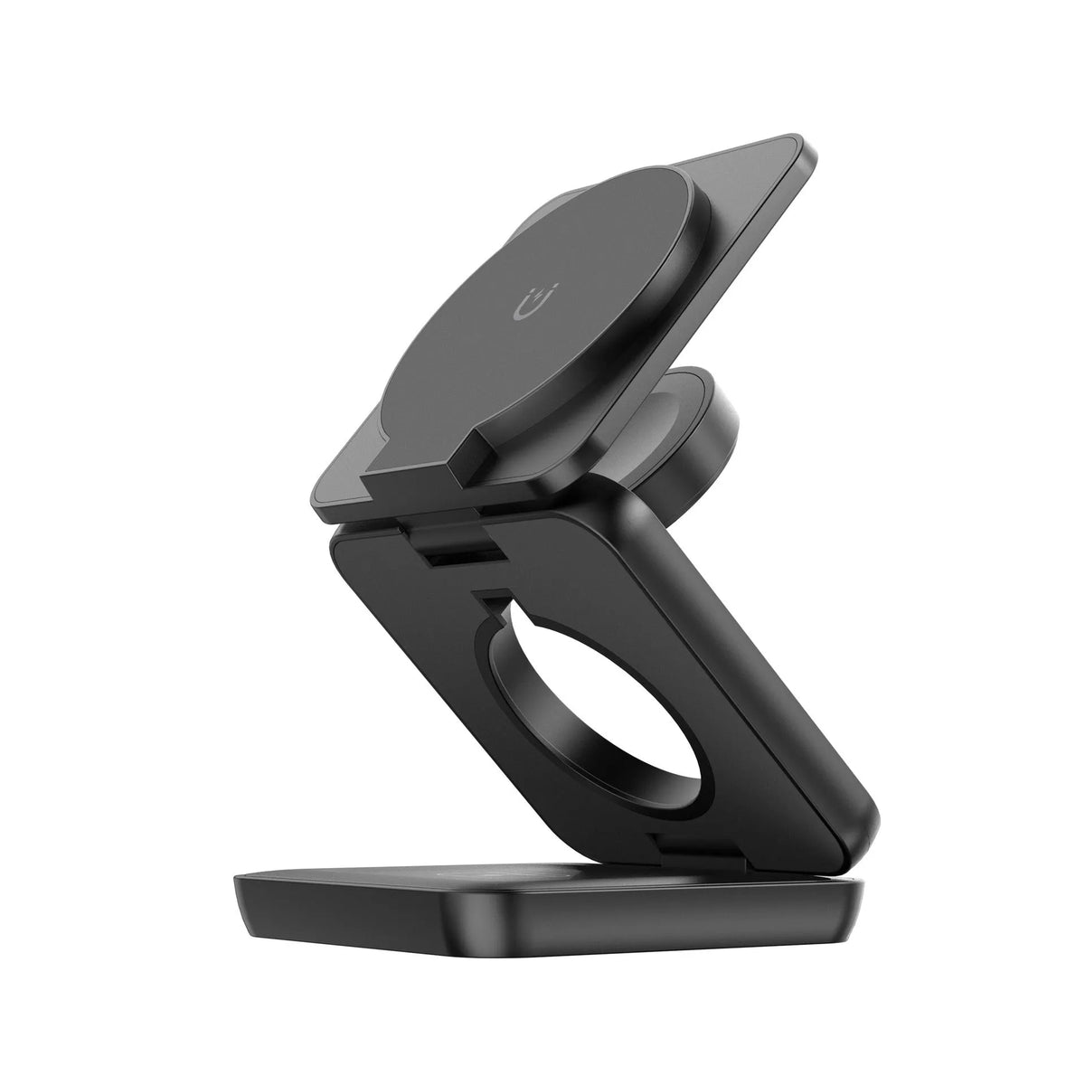Foldable magnetic wireless charger mobile phone holder in black showing phone charging at viewing angle