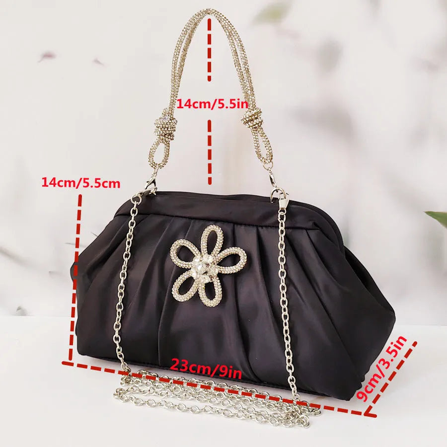 Women's soft polyester dinner bag messenger with shell shape, document organiser and diamond detailing in black, rose red or lavender purple