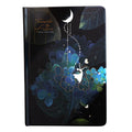A5 notebook with luminous cover showing colour illustration interior pages and dot grid layout