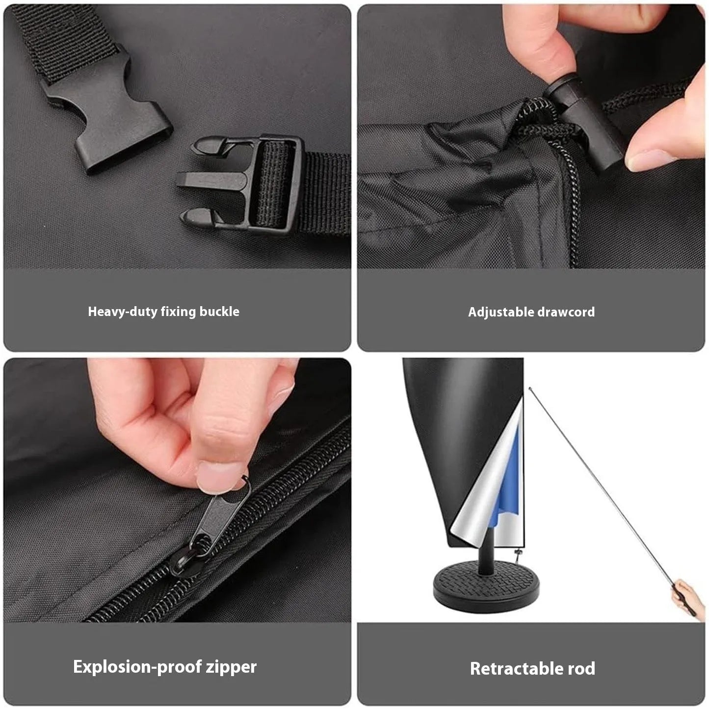 Grey waterproof Oxford cloth cover for a large outdoor offset umbrella.
