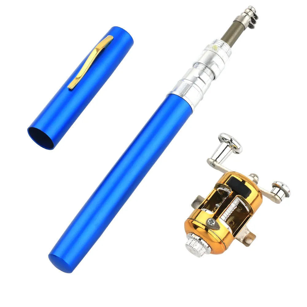 Portable telescopic fishing rod and drum kit in aluminium case, colours include gold, black, silver, red, blue, purple.