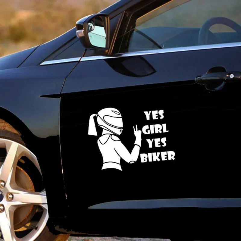 Waterproof car sticker with girl rider motorcycle pattern in black, white, and laser colours measuring 16cm by 15cm
