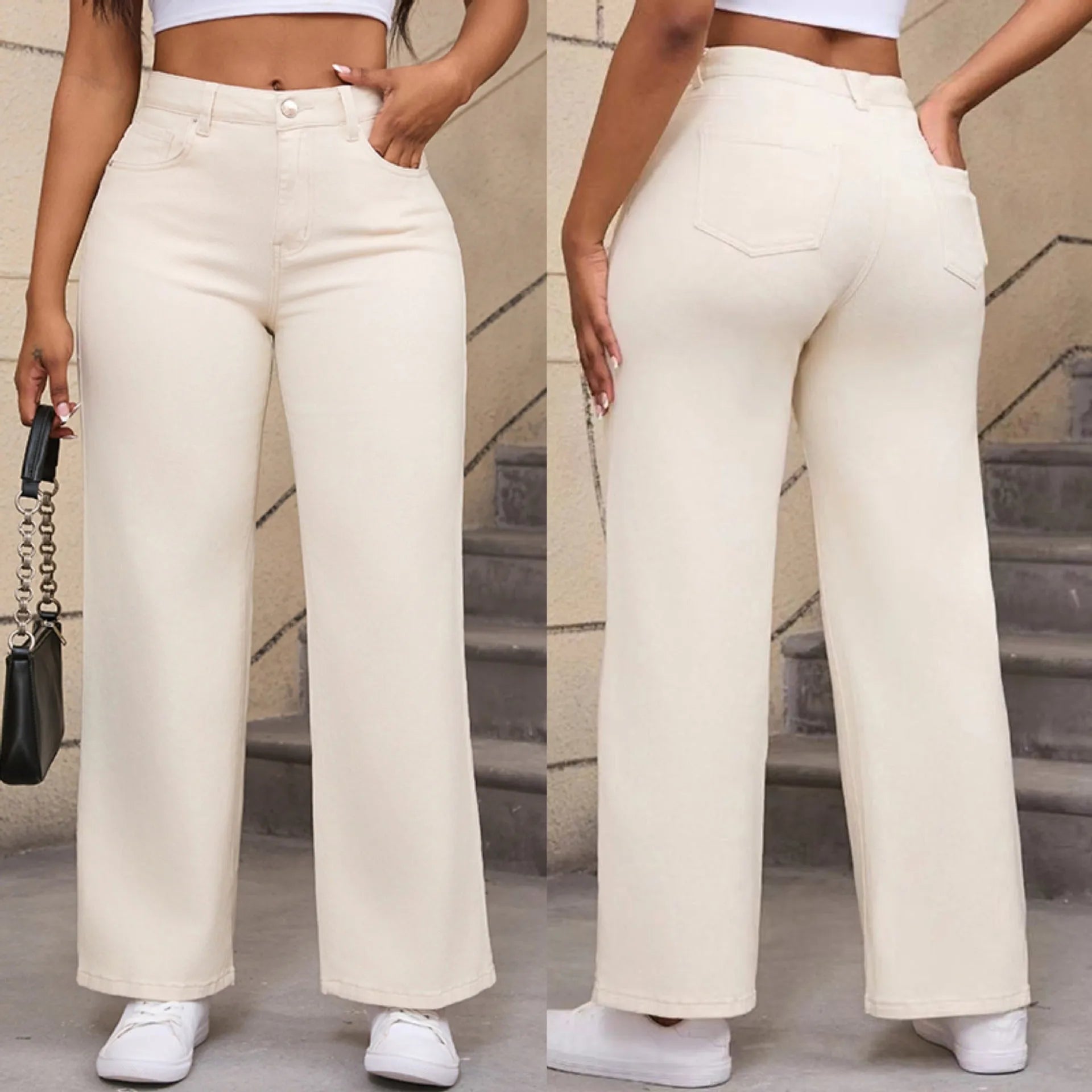 Women's autumn straight jeans wide leg style in apricot colour high waist cotton