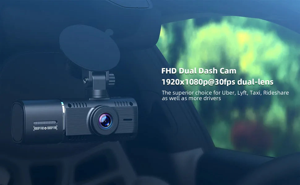 Standard black dual-channel dashboard camera with a 1.5-inch screen, shown with car charger and mounting stand.