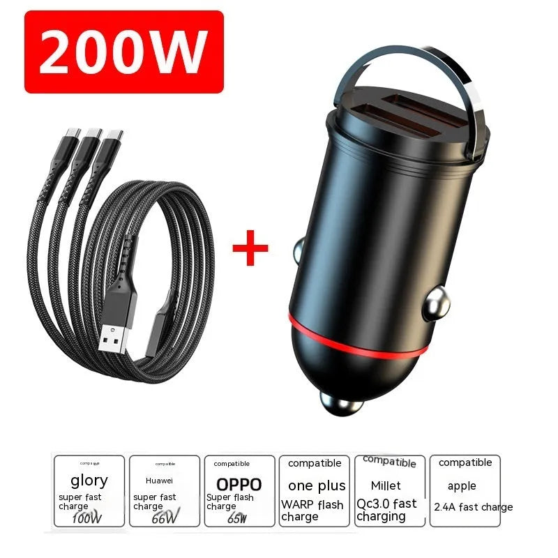 Black 200W super fast car charger with compact zinc alloy design and USB output port