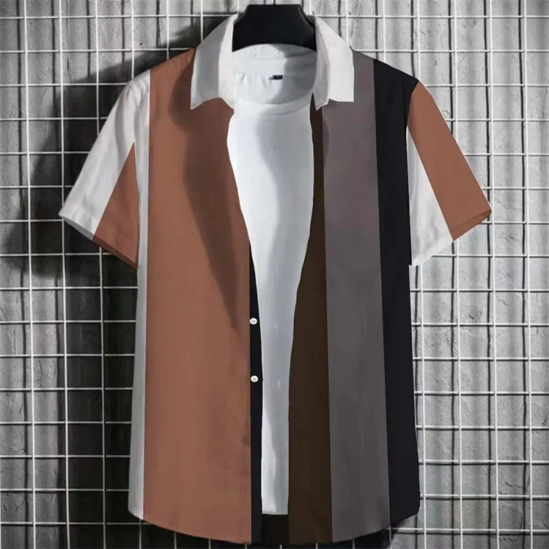 Men's striped short sleeve linen T-shirt with 3D printed texture, shown in multiple colour options.