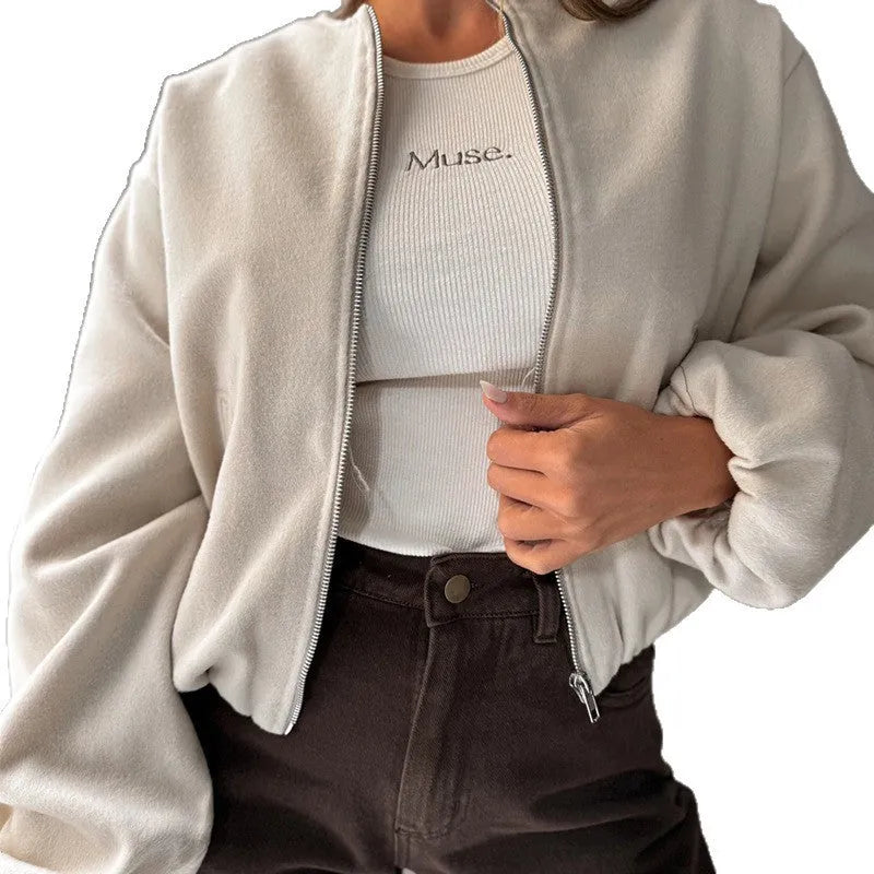 Women's off-shoulder coat with lantern sleeves in polyester fabric, shown in milky white colour with round neck and loose fit