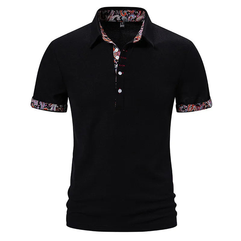 Men's cotton blend polo shirt with colour stitching on turnover collar in white, black, or navy blue