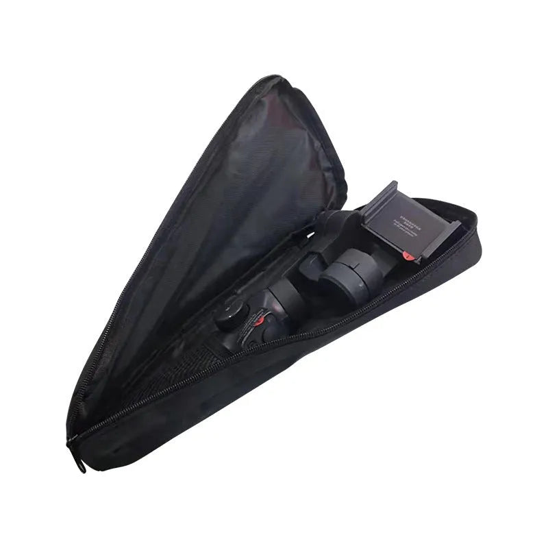 Black cloth storage bag for mobile phone stabilizer accessories with zippered closure
