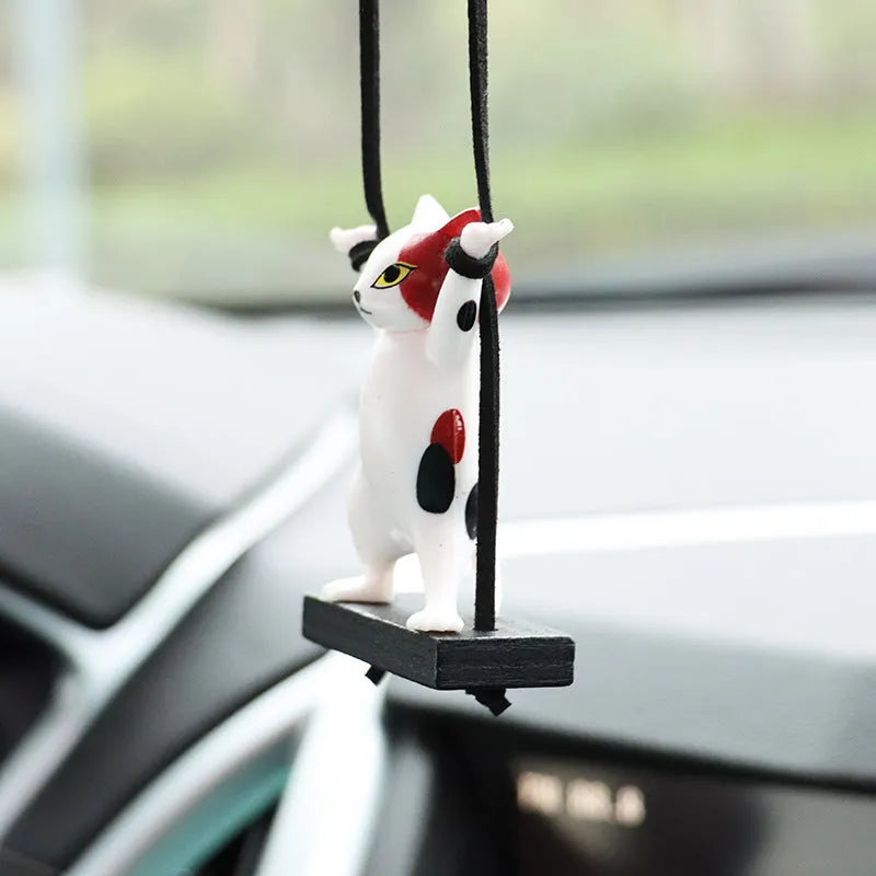 Cartoon-style resin cat pendant for car interior with adjustable rope in multiple colour options