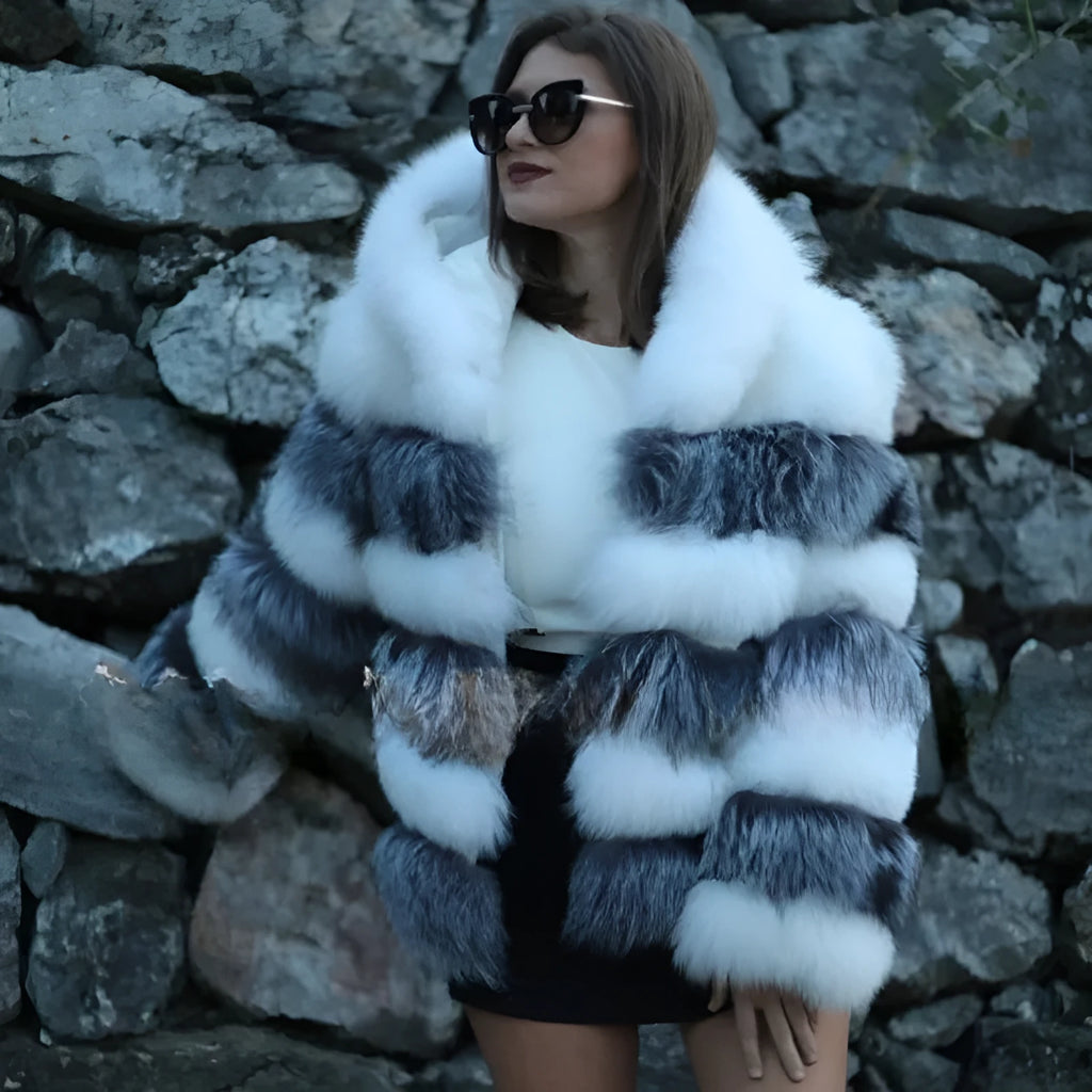 Women's artificial fur hooded coat in street fashion style with 65cm medium length