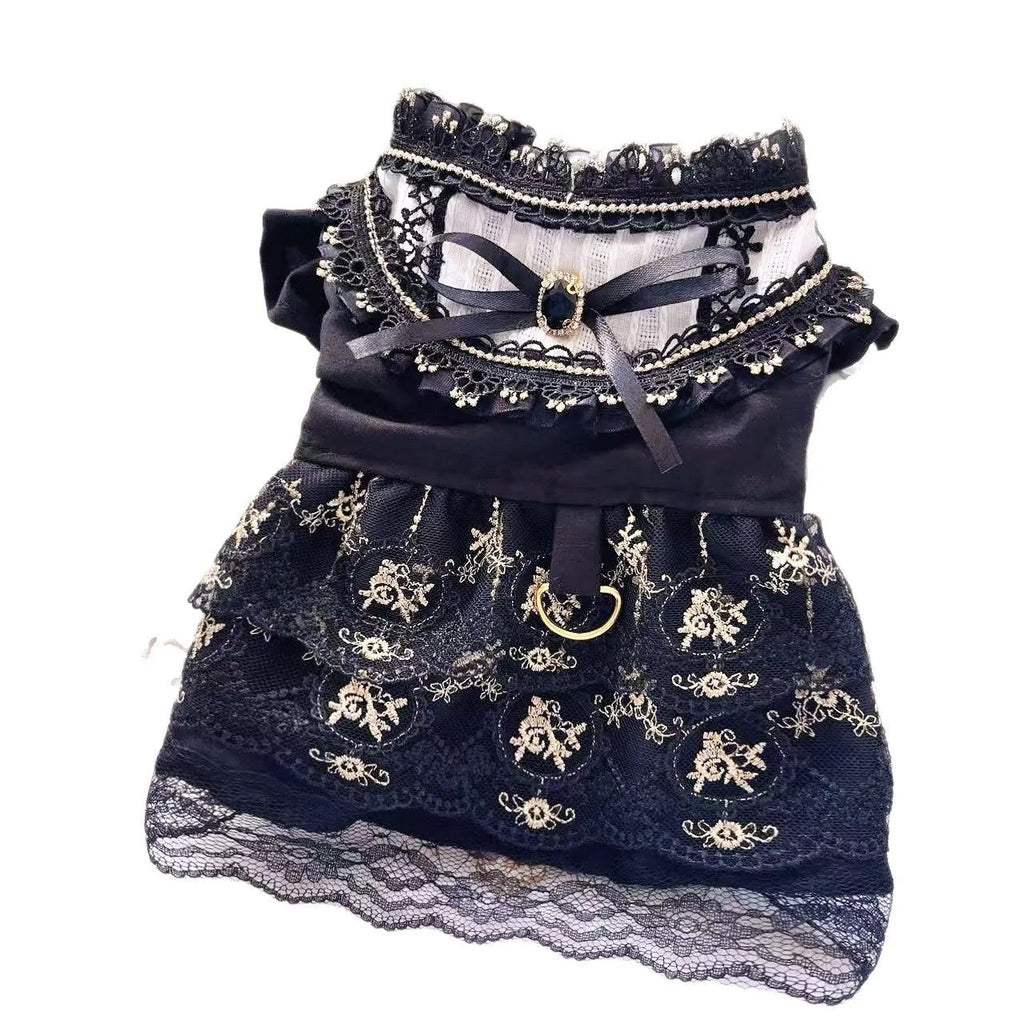 Golden gothic princess style skirt pet clothing for cats and dogs shown in multiple sizes