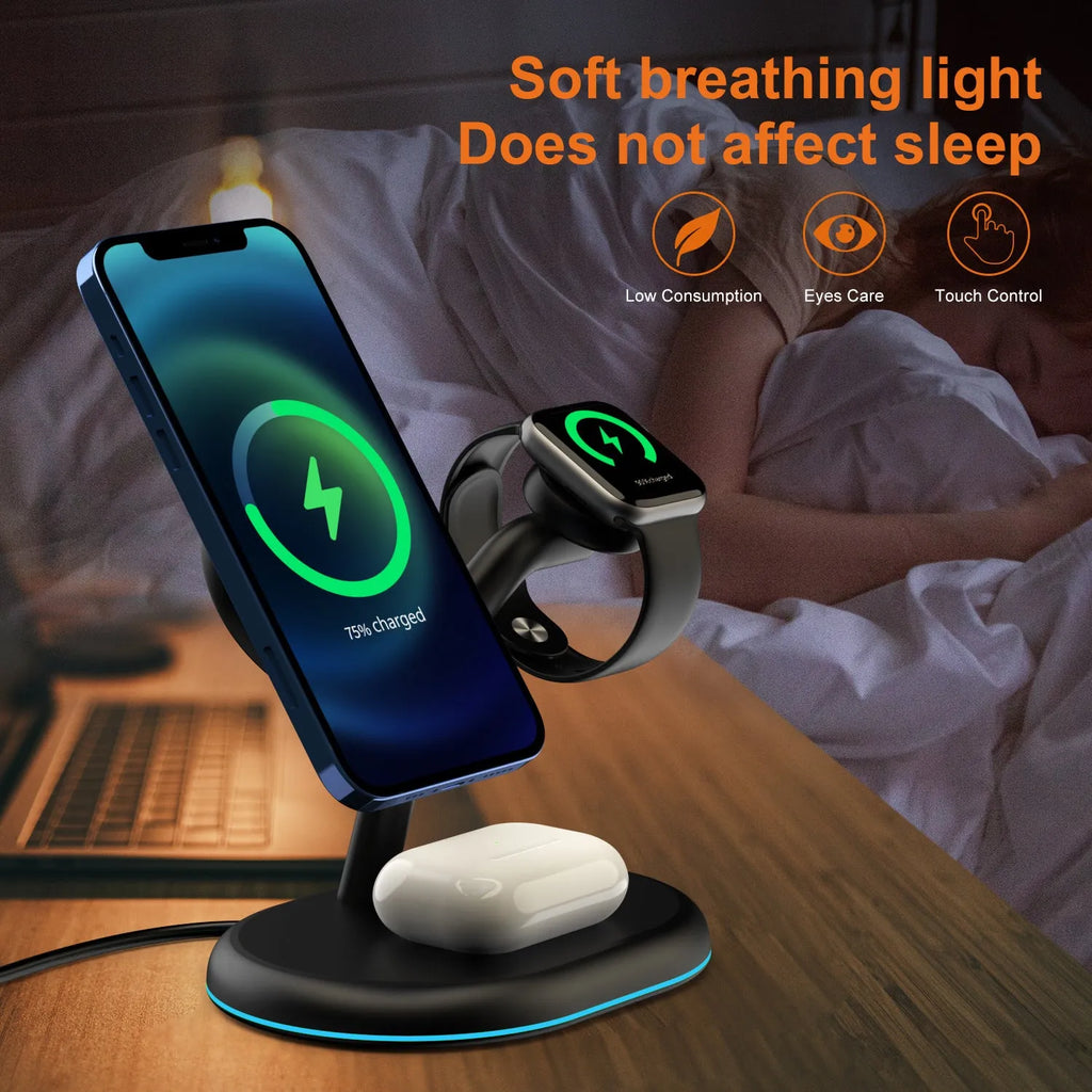 Black minimalist magnetic wireless charger for iPhone MagSafe on a table.