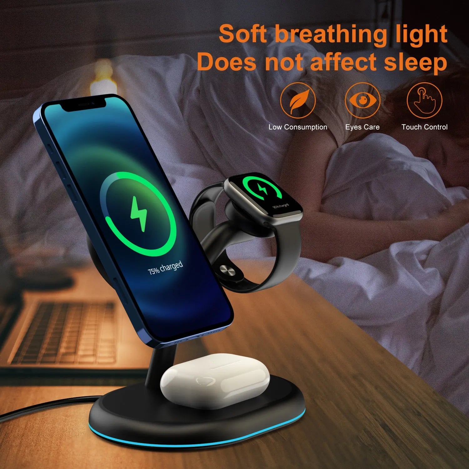 Black minimalist magnetic wireless charger for iPhone MagSafe on a table.