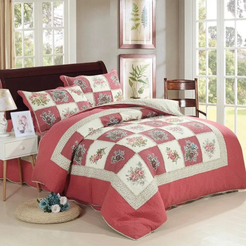 Pure cotton quilted bedspread-style three-piece bedding set in a Korean design with pillowcases.