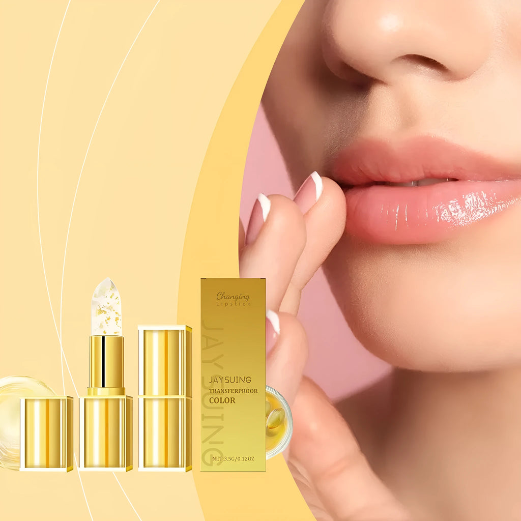 Gold foil lipstick tube with 3.5g nourishing formula containing hyaluronic acid and vitamin E