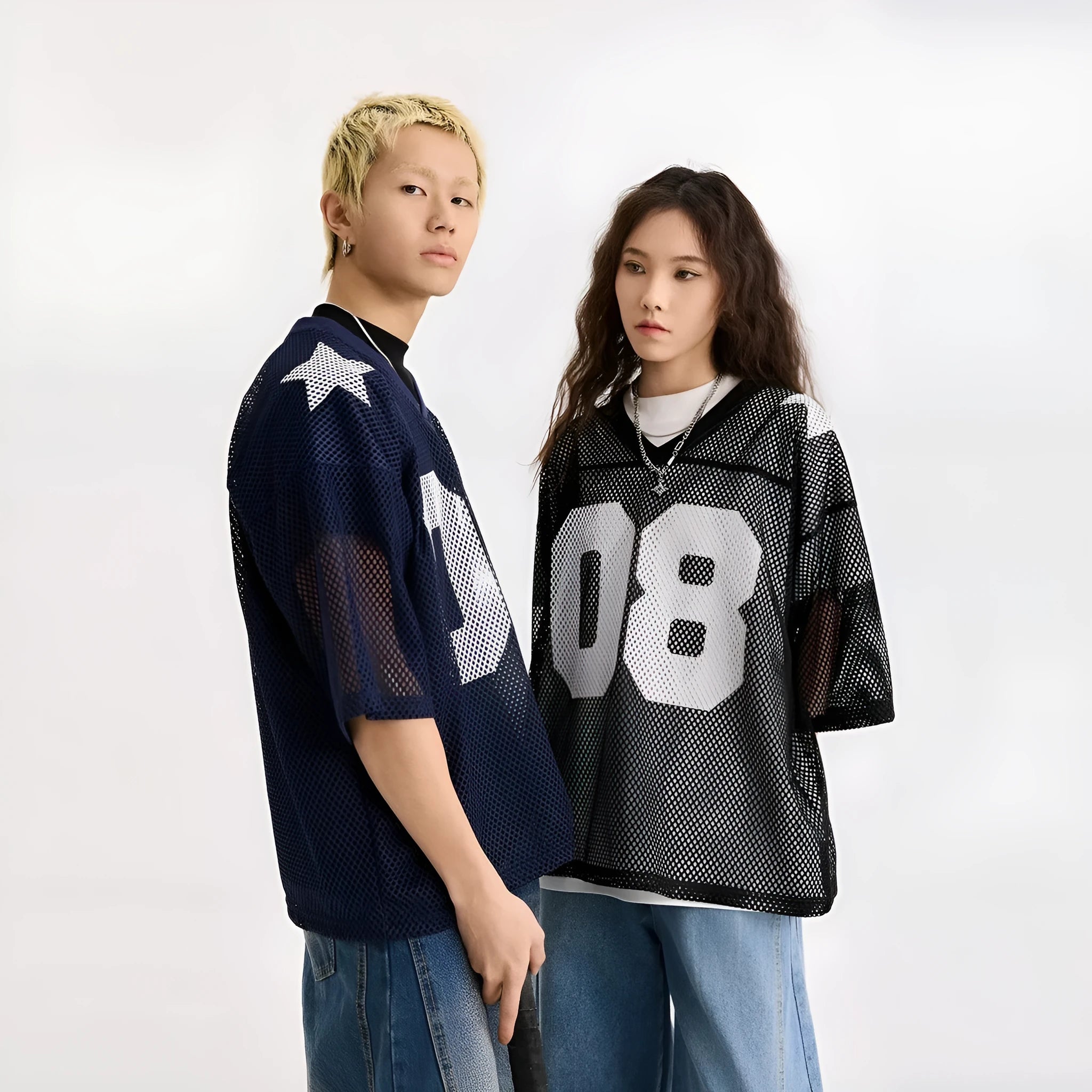Loose fit half sleeve polyester shirt with letter pattern in black or navy blue