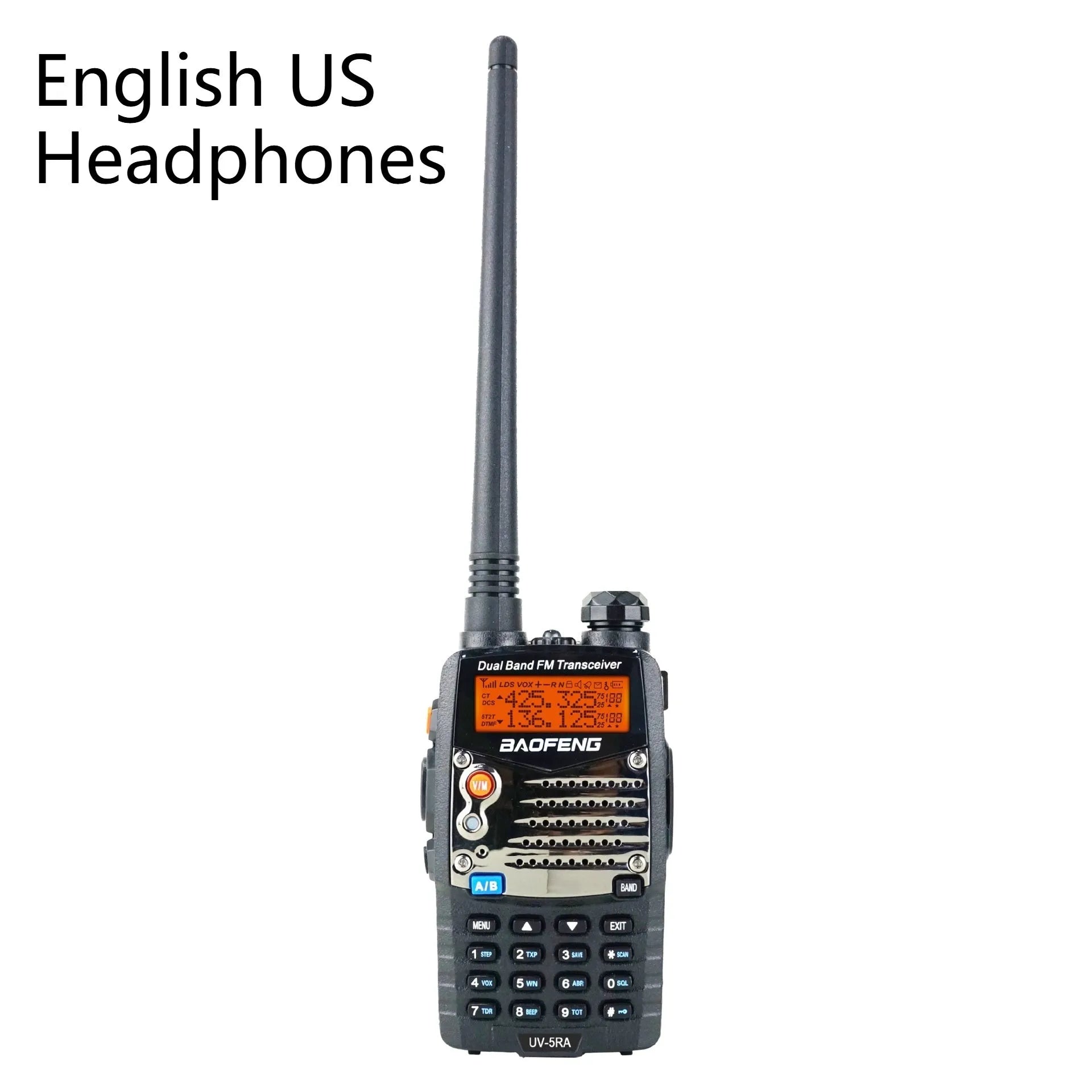 Baofeng UV-5RA dual display two-way radio with optional headset configurations.