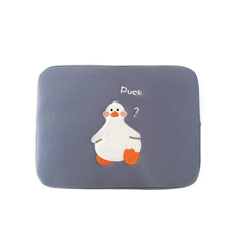 Blue cotton tablet case with cartoon duck embroidery design and zipper closure