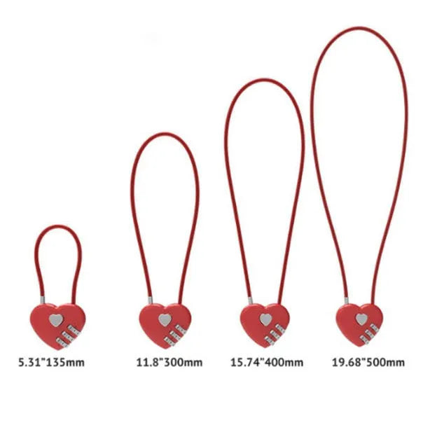 Peach heart design wire rope cable lock in red with steel rope, shown securing a bicycle helmet.