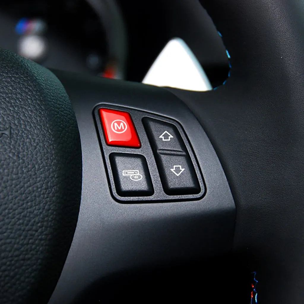 Red and blue M1 M2 steering wheel button replacements for BMW F30 and F34 models