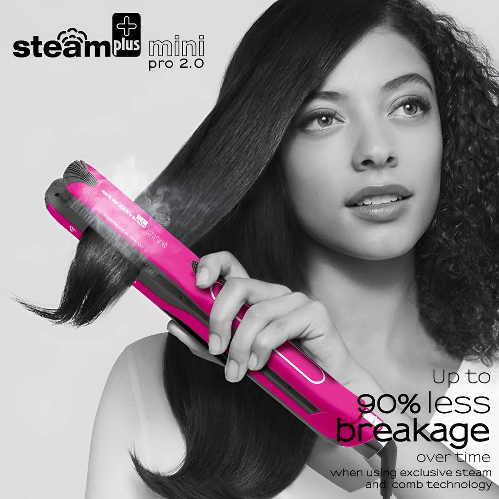 Mini steam hair straightener in purple colour with steam function display
