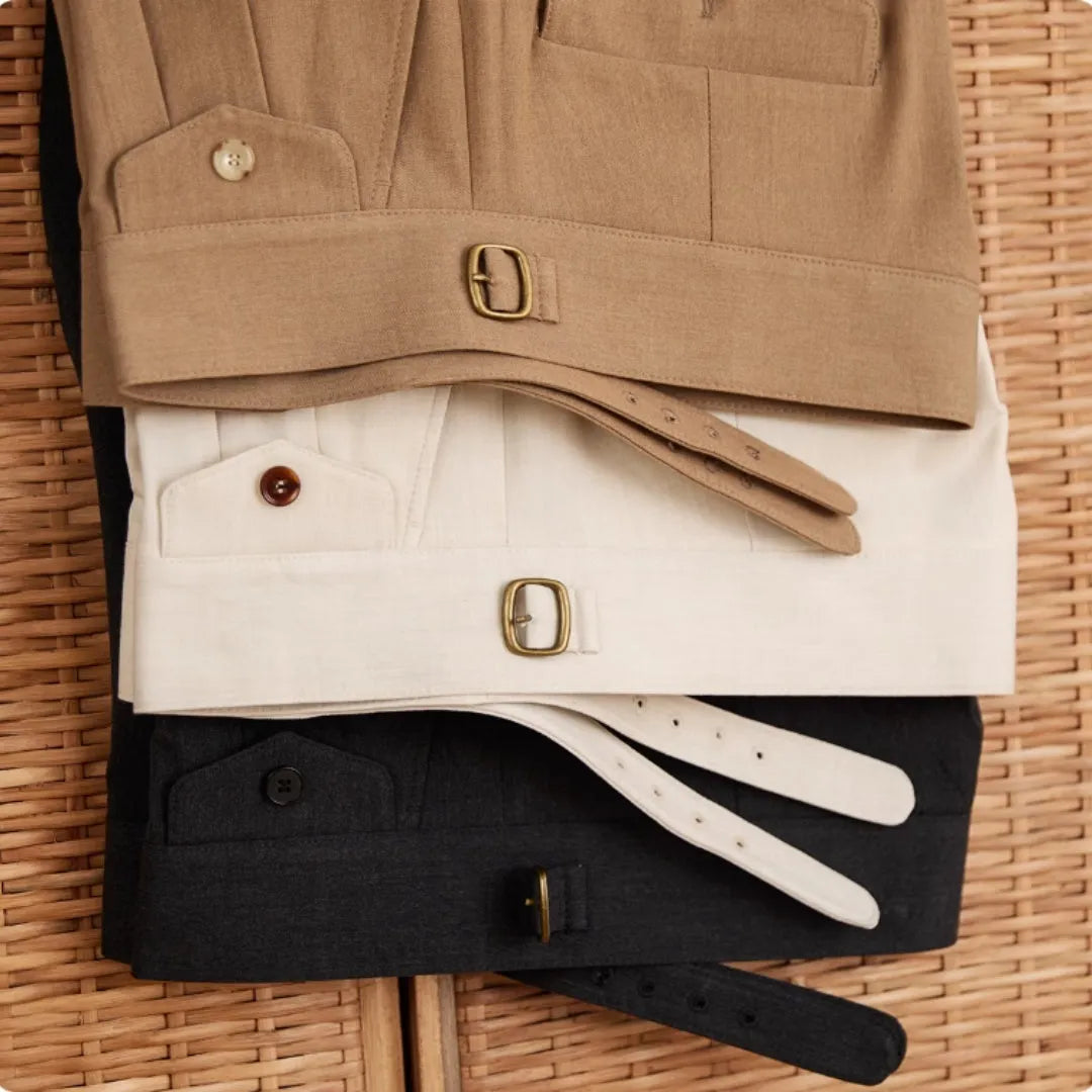 Men's slim fit business trousers in dark grey, light brown, and light apricot colours