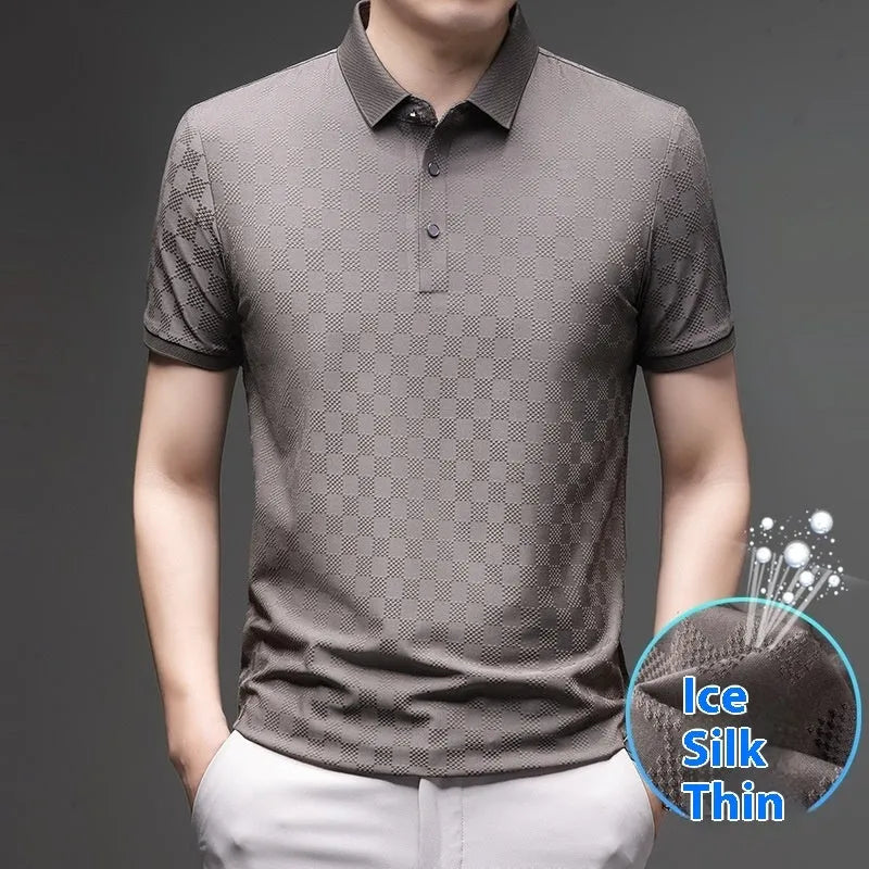 Rhombus thin ice silk short sleeve t-shirt in black showing slit detail on a hanger.