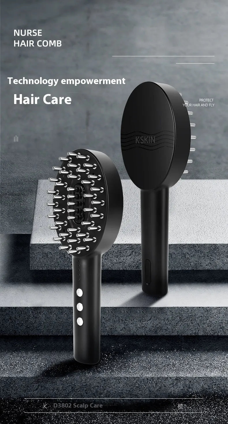 Black rechargeable scalp massager device with vibration function, shown with charging cable.