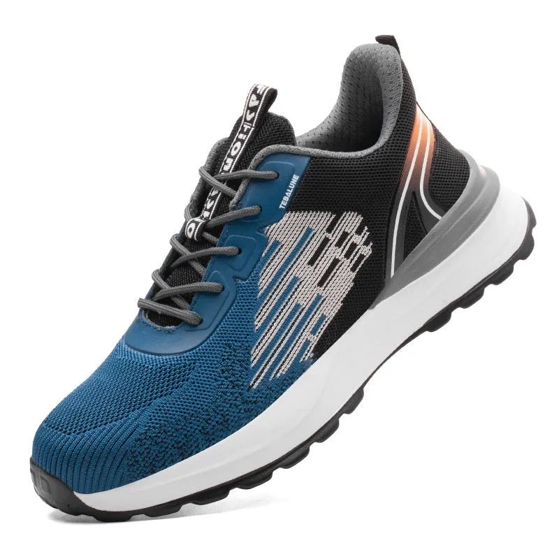 Blue men's safety work shoes with plastic toe cap, mesh upper, and lace closure