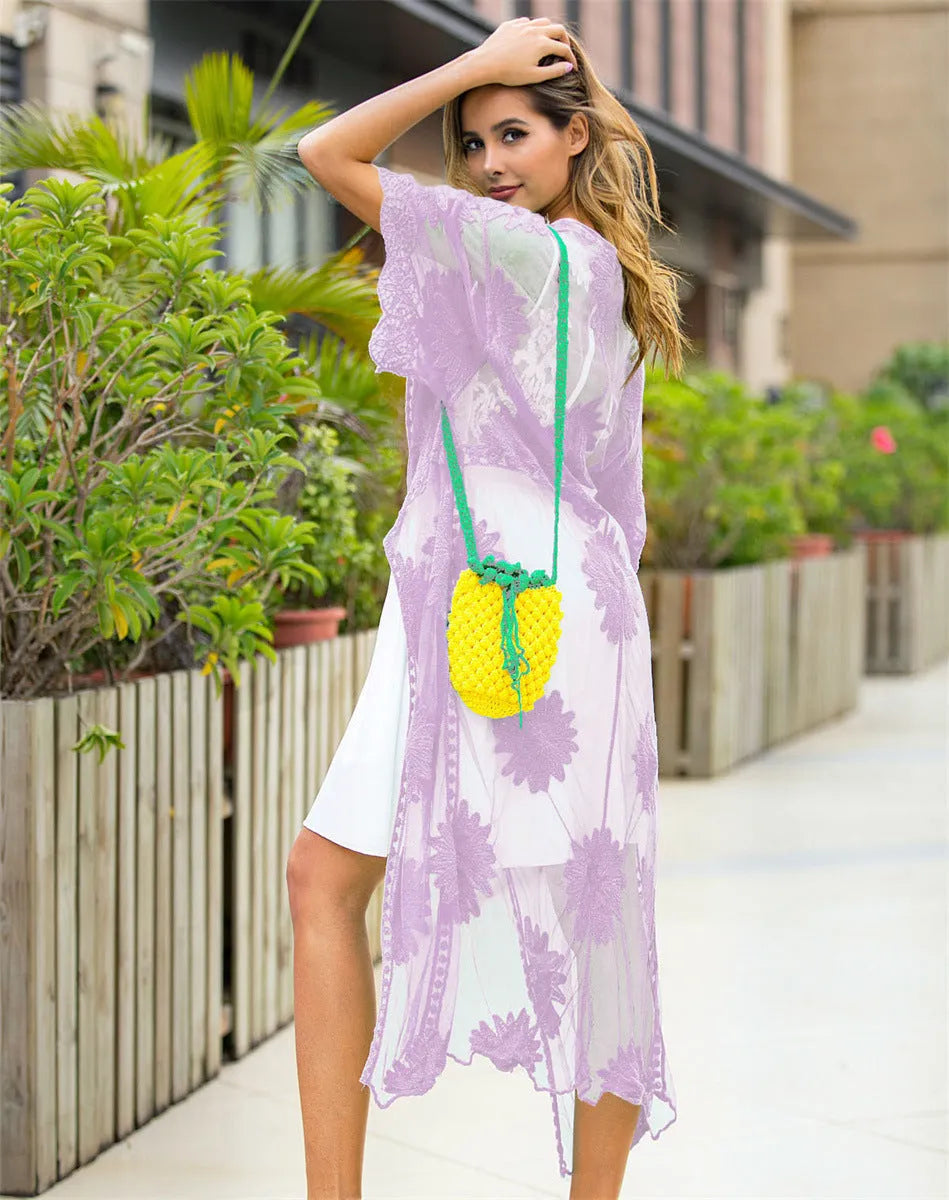 Light purple beach dress cardigan with lace embroidery for swimming cover-up
