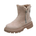 Women's black thick plush snow boots with side zipper, faux suede upper, and non-slip rubber sole.