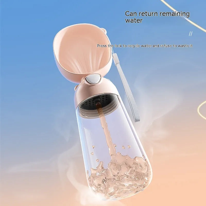 Portable dog water bottle and feeder in brown colour with attached food container.