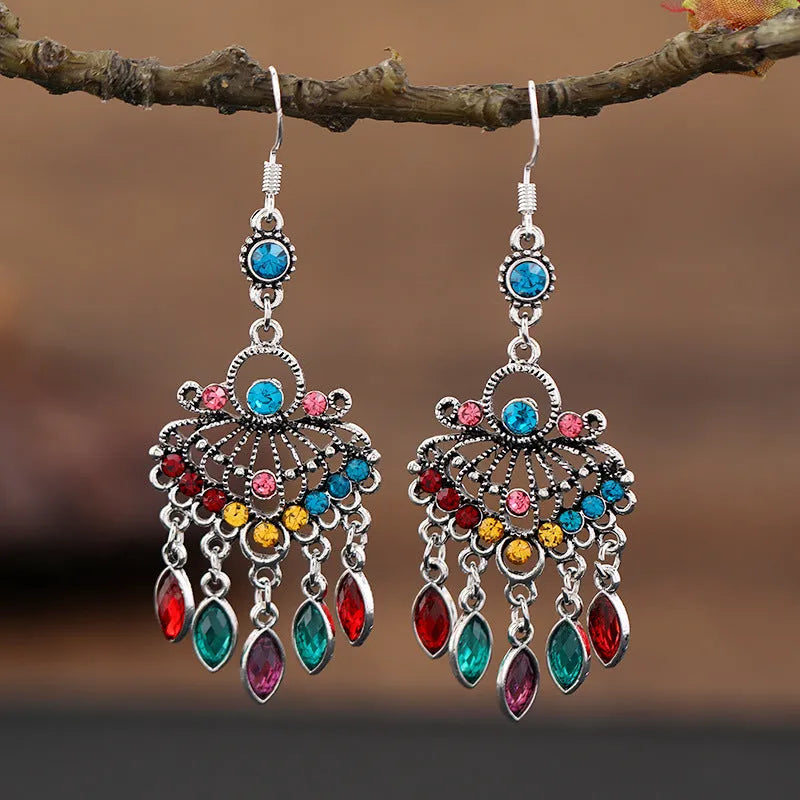 Purple long fringe drop earrings with crystal detailing and retro ethnic style