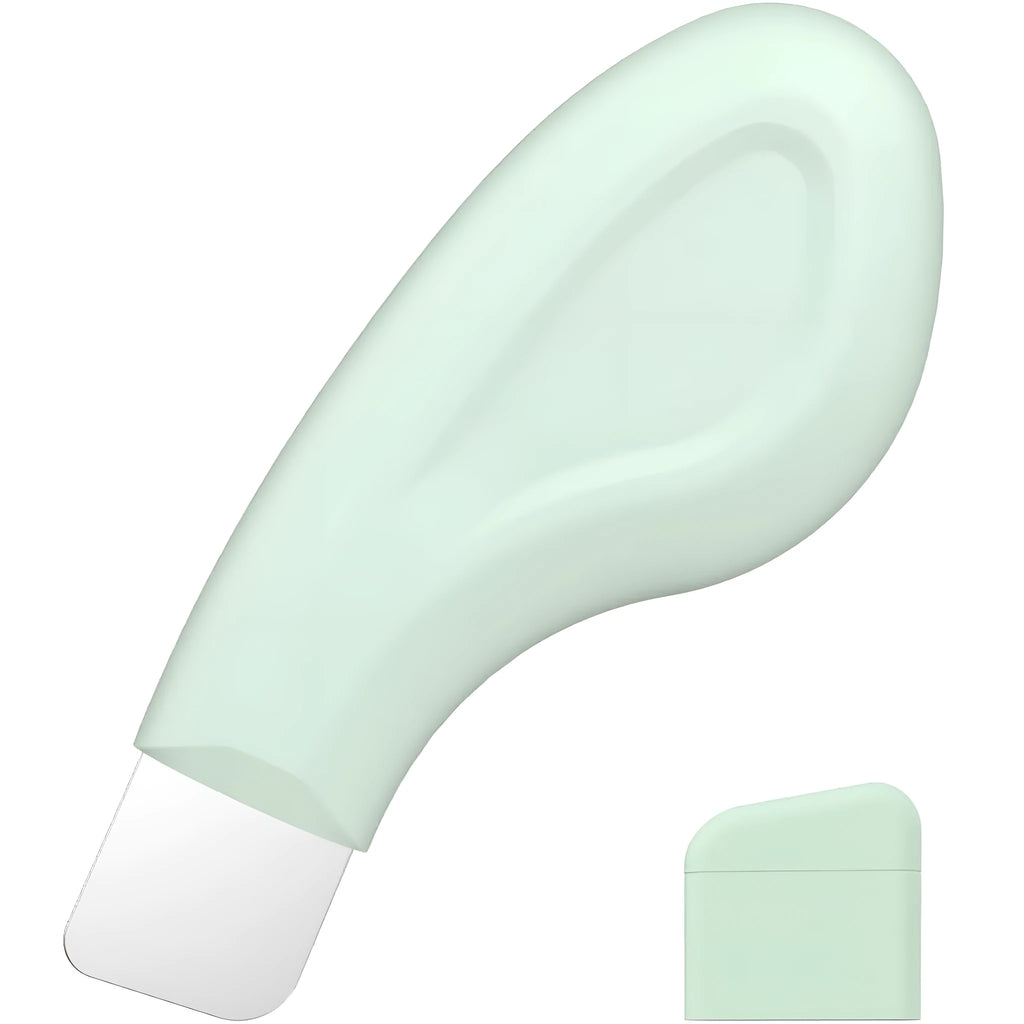 Stainless steel blackhead scraper tool with a black silicone non-slip handle on a white background.