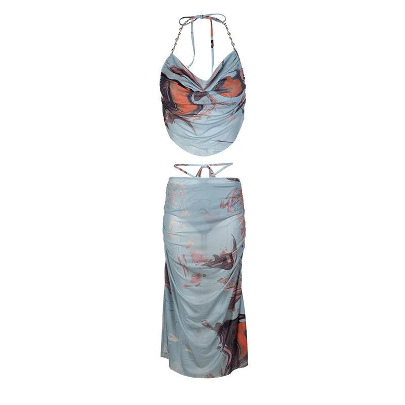 Blue women's bikini three-piece set with diamond chain detail and split design