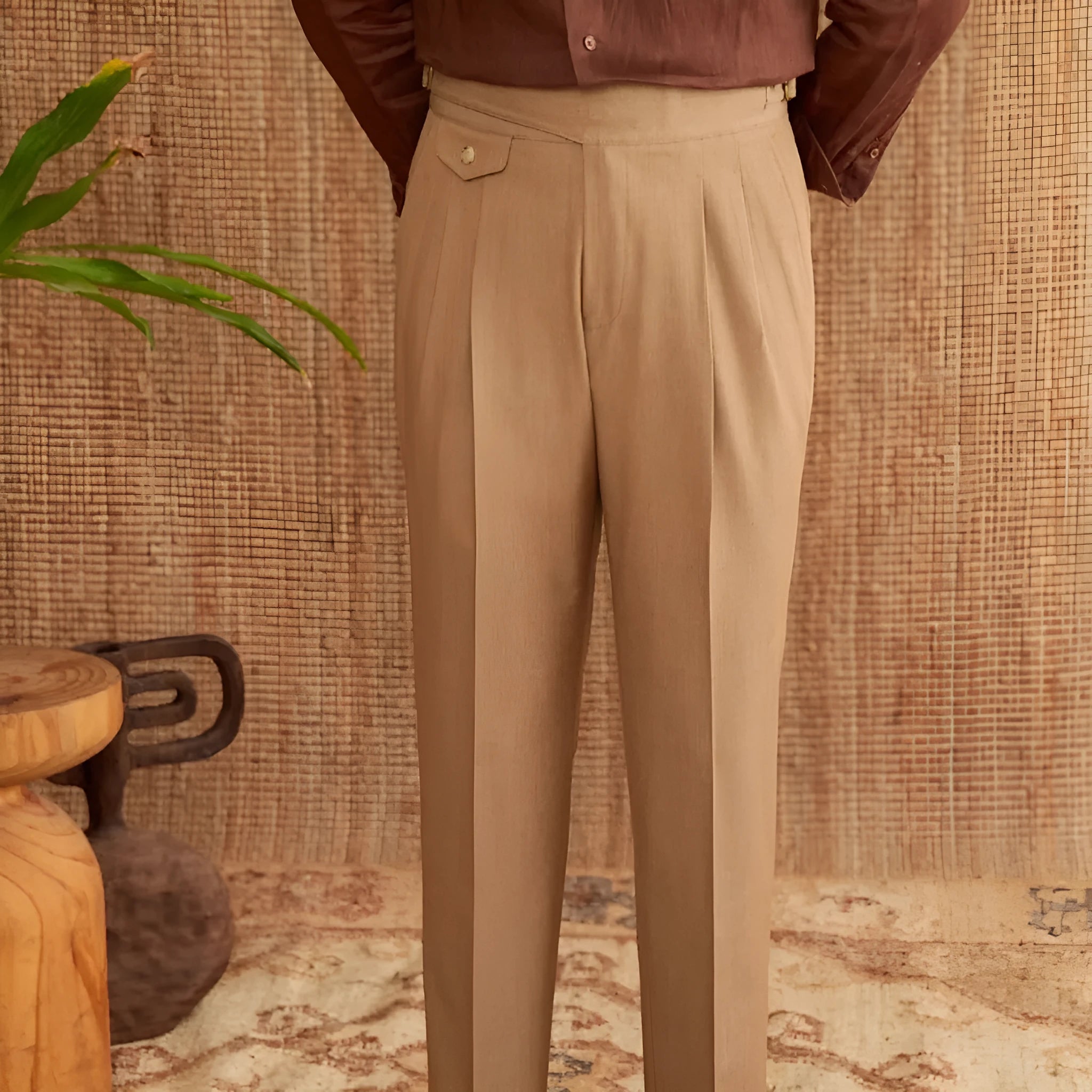 Men's slim fit business trousers in dark grey, light brown, and light apricot colours