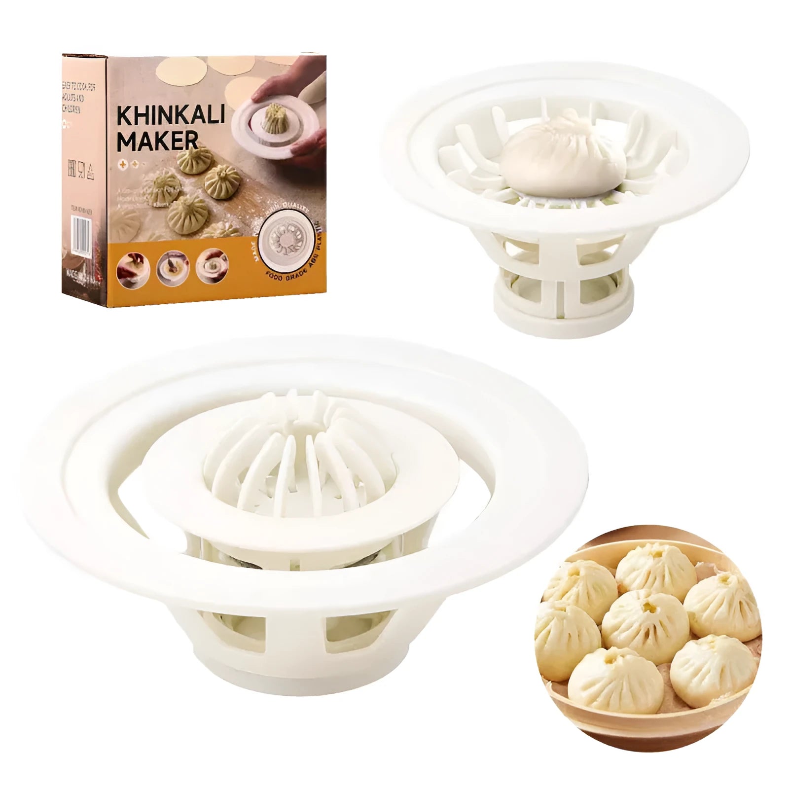 Set of four black ABS plastic steamed bun moulds with ergonomic handles for shaping baozi, dumplings and shaomai