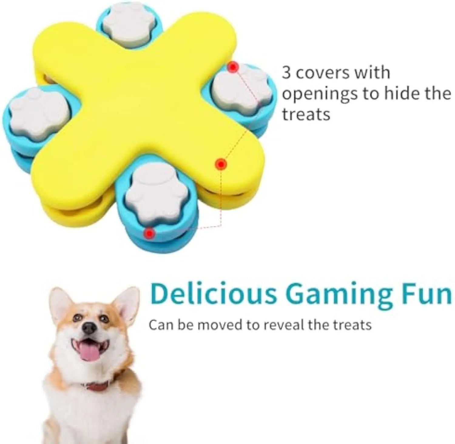 Yellow three-layer rotating dog puzzle feeder with claw-shaped lids and anti-slip rubber base