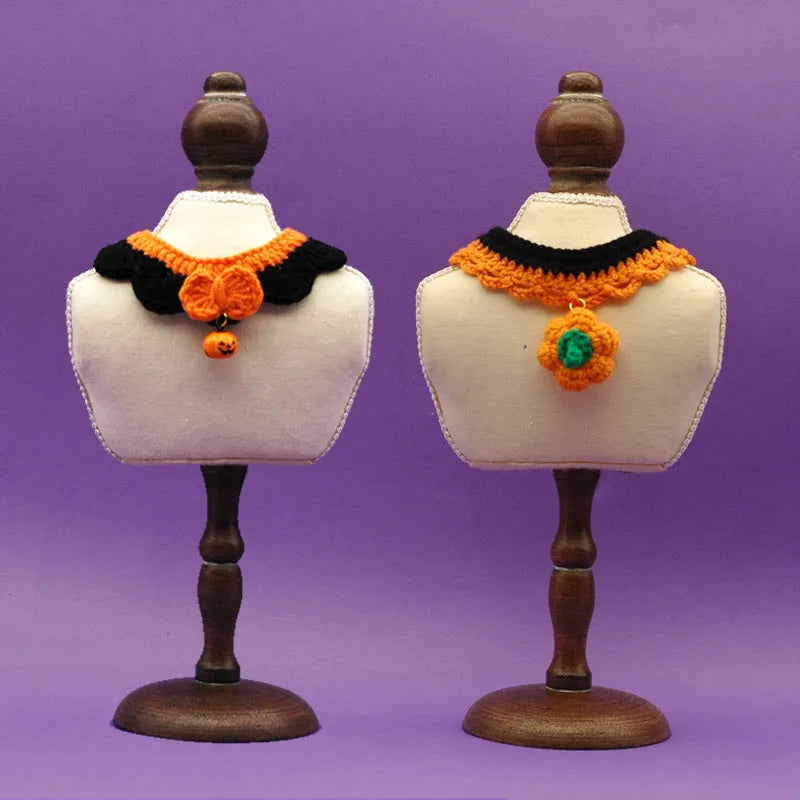 Hand-crocheted wool Halloween pet collar in pumpkin colours with adjustable sizing