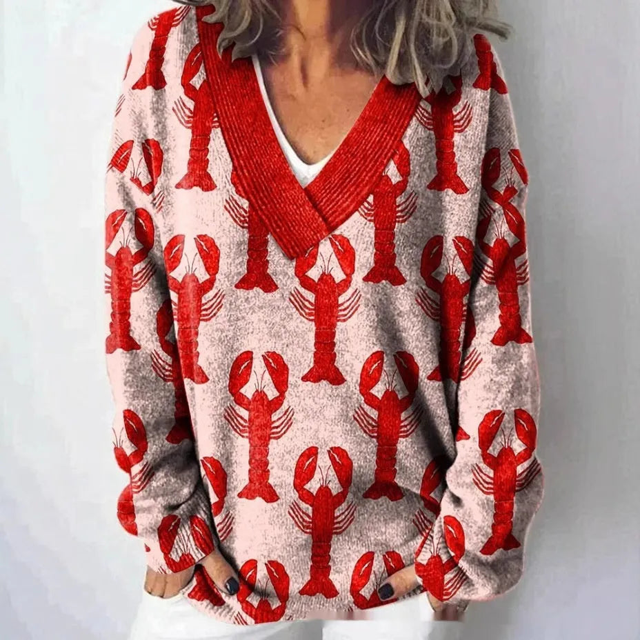 Women's V-neck long sleeve sweatshirt with a detailed 3D floral pattern print in a retro style.