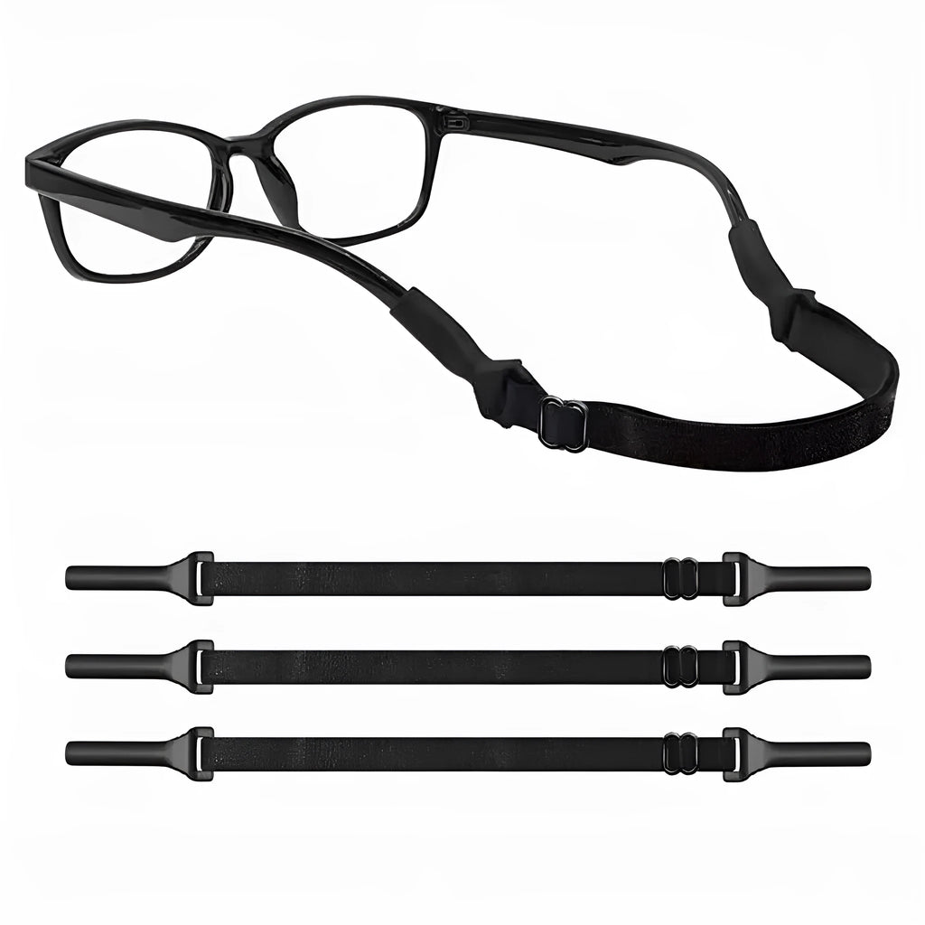 Black adjustable glasses cord with silicone earpiece ends for securing eyewear