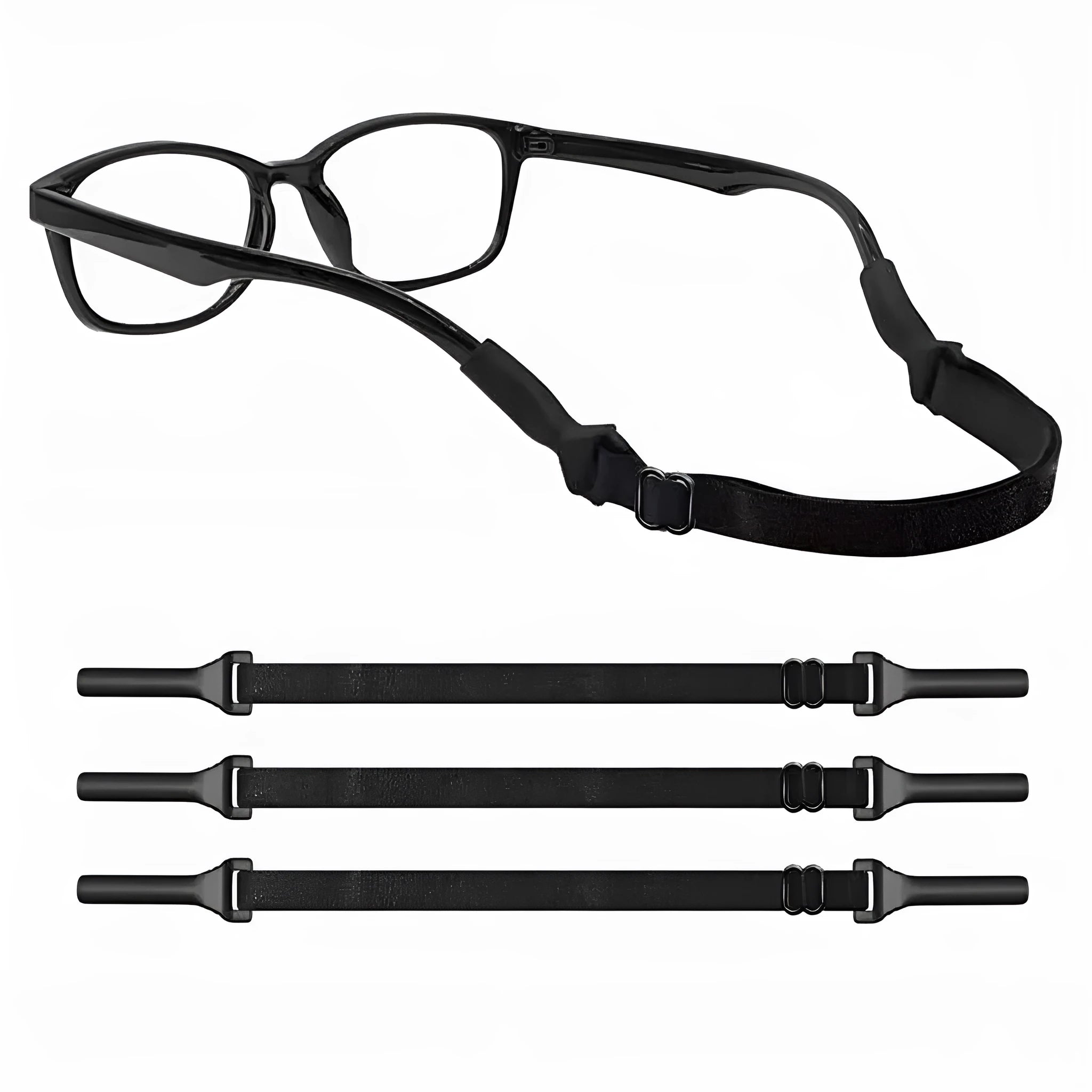 Black adjustable glasses cord with silicone earpiece ends for securing eyewear