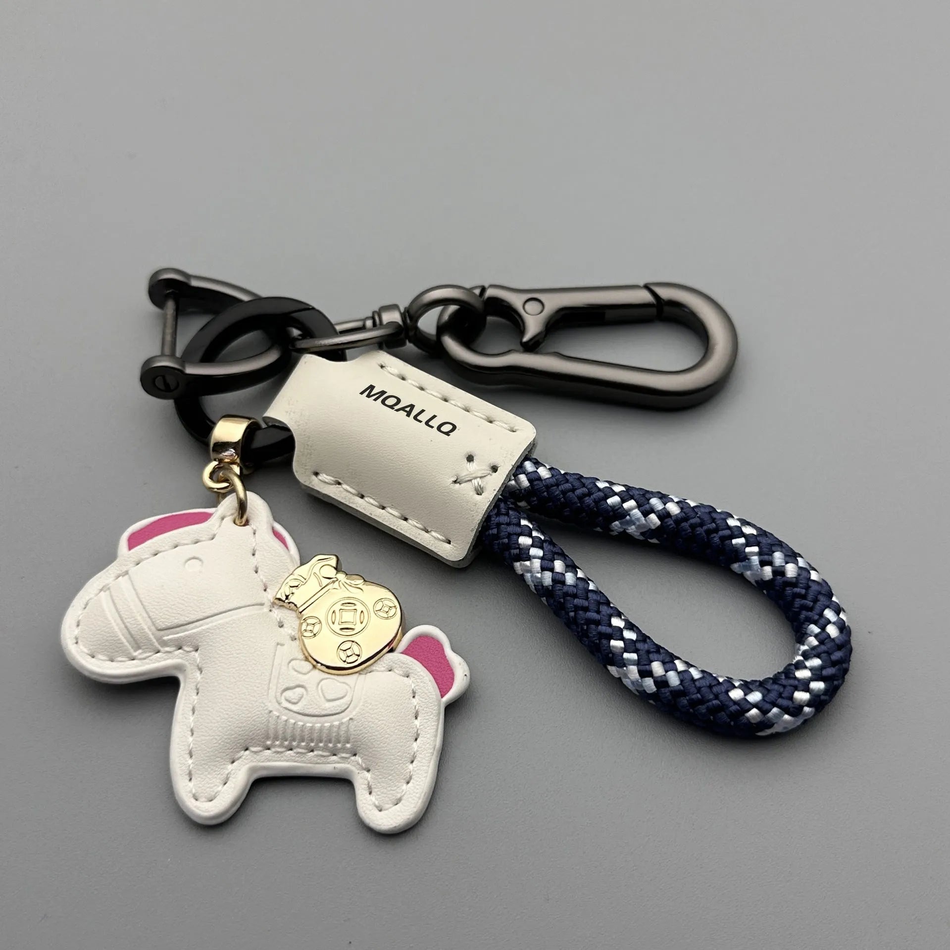 Cowhide car key ring pendant with zinc alloy pony belt buckle on flanelle rope in various colour options